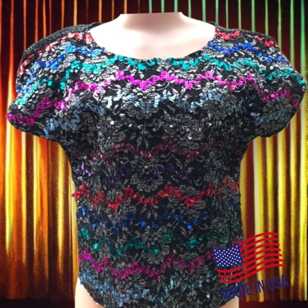 Vintage Caribou Rainbow Sequin Metallic Party Top Made USA